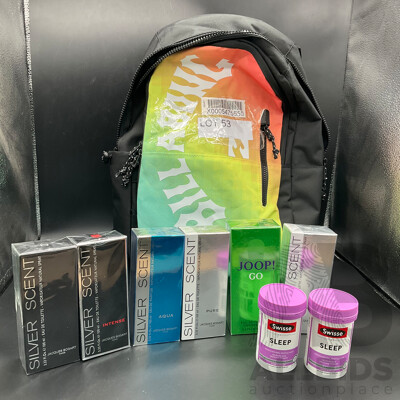Assortment of Mens Colognes & Supplements (Silver Scent, Joop!, Swisse Ultiboost Sleep) Billabong Bag Included - LOT of 9