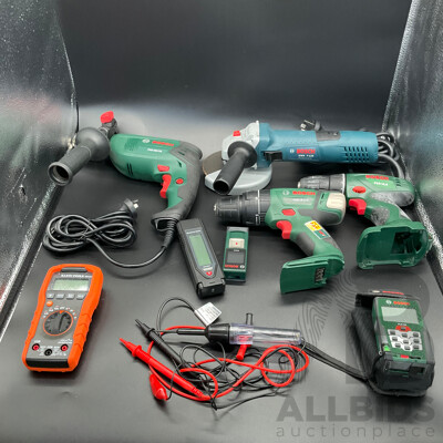 Assortment of BOSCH Power Tools with Electrical Testing Equipment & Digital Laser Measures