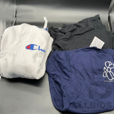 Assortment of Clothing (CHAMPION White Jumper, Black Graphic Jurassic Park Shirt, Navy Blue UNIQLO X JEFF KOONS UT Graphic T-Shirt) - LOT of 3