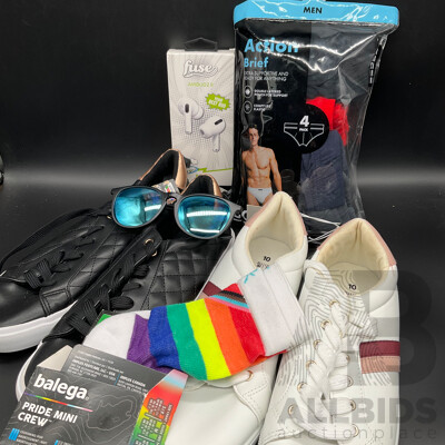 Assorted Items, Anko Shoes S10, Socks, Sunglasses, Mens Underwear, Ear Buds - Lot of 6