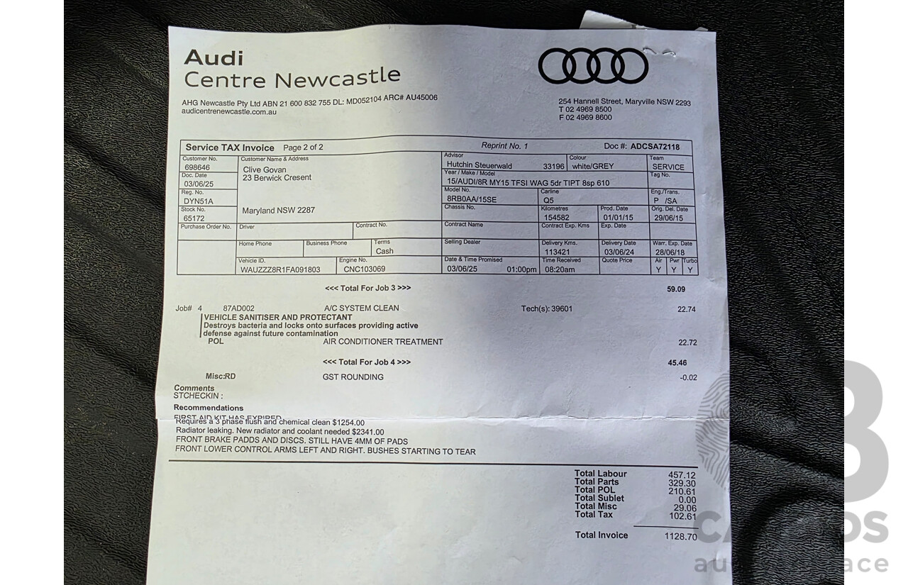 03/2015 Audi Q5 2.0 TFSI QUATTRO (AWD) 8R MY15 4d Wagon Glacier White 2.0L