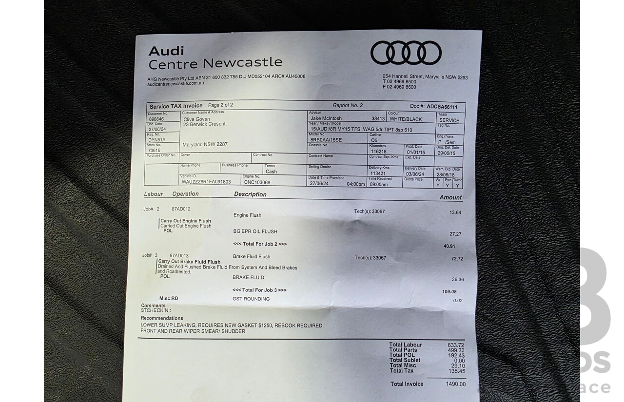 03/2015 Audi Q5 2.0 TFSI QUATTRO (AWD) 8R MY15 4d Wagon Glacier White 2.0L
