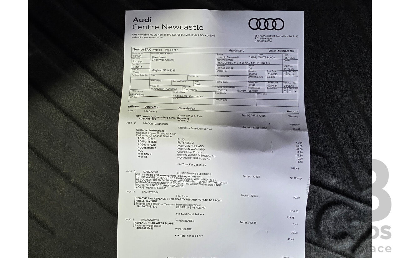 03/2015 Audi Q5 2.0 TFSI QUATTRO (AWD) 8R MY15 4d Wagon Glacier White 2.0L