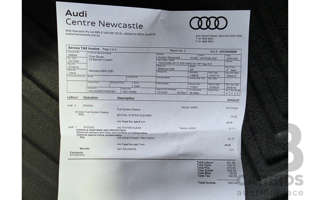 03/2015 Audi Q5 2.0 TFSI QUATTRO (AWD) 8R MY15 4d Wagon Glacier White 2.0L