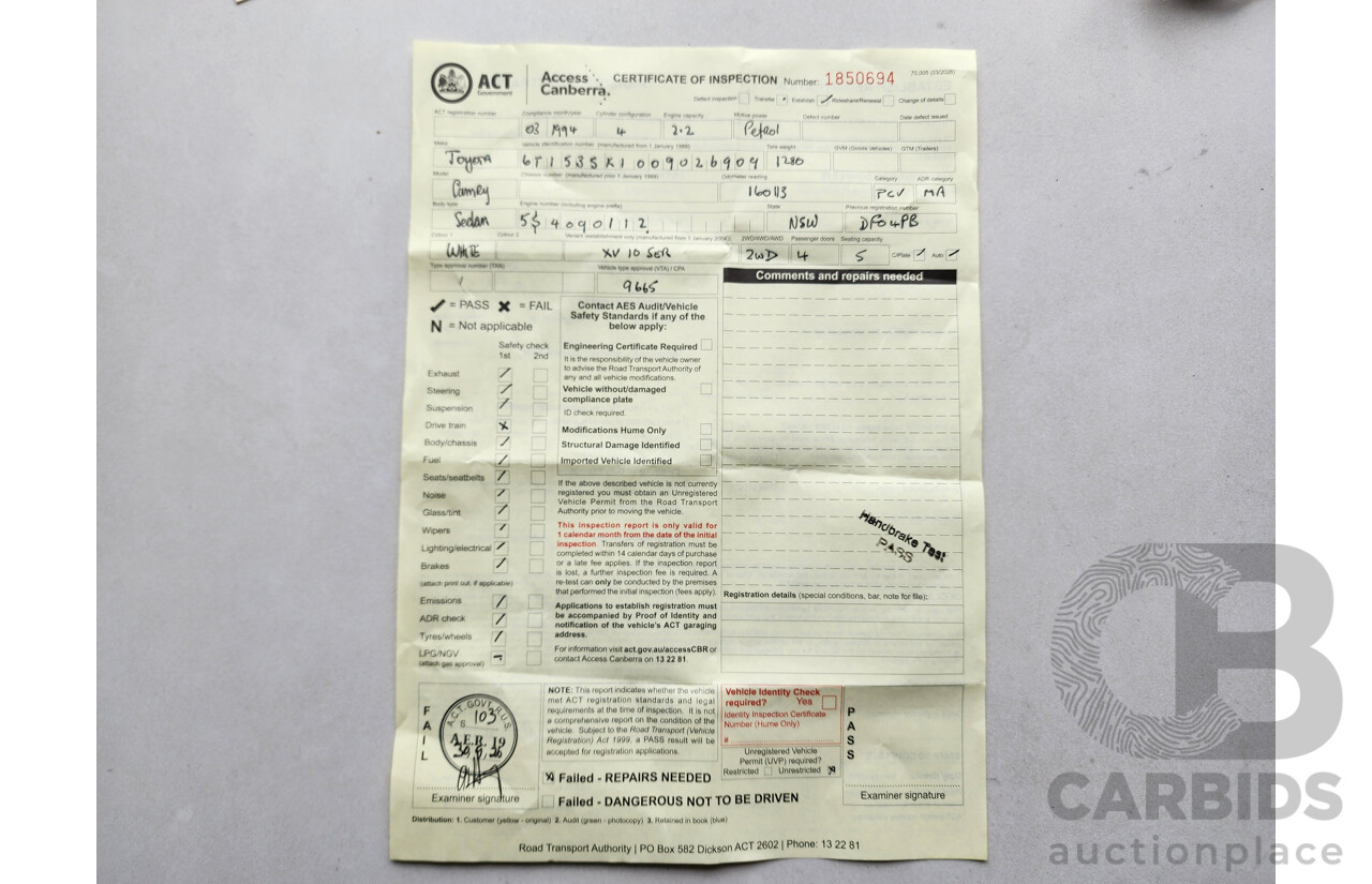 03/1994 Toyota Camry Executive SDV10 4d Sedan White 2.2L
