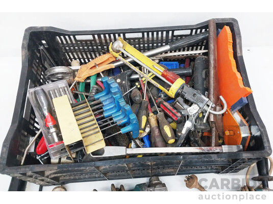 Box of Assorted Tools & Angle Grinders