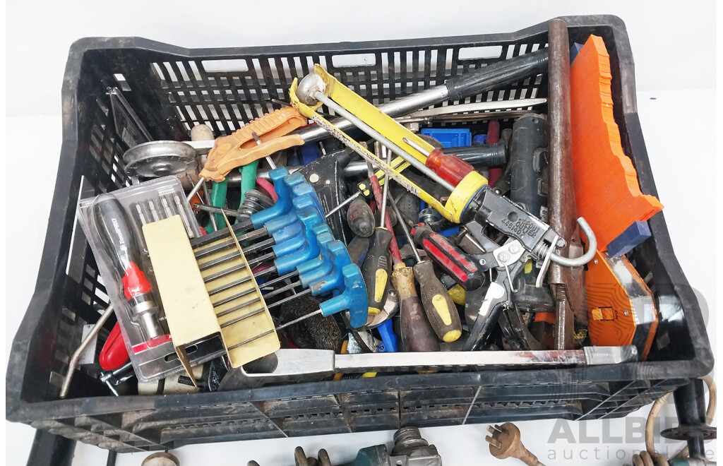 Box of Assorted Tools & Angle Grinders
