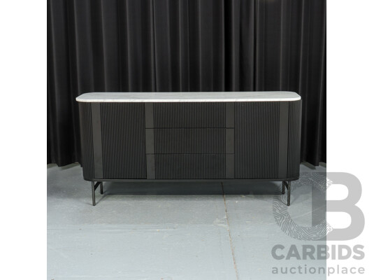 Modern Marble Top Sideboard with Rounded Corners and Fluted Front
