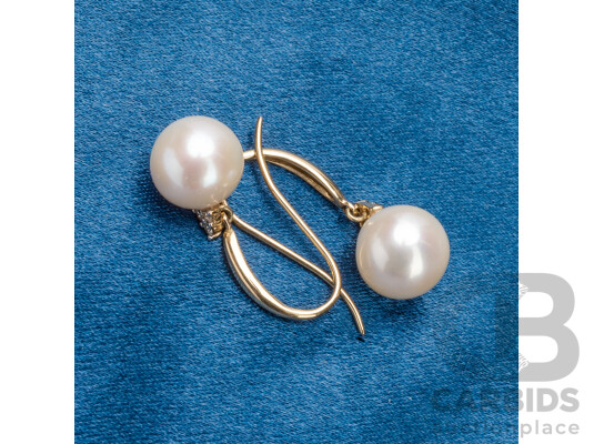 9ct Yellow Gold, Pearls & Diamonds Shepherds Hook Earrings - 4.27gms