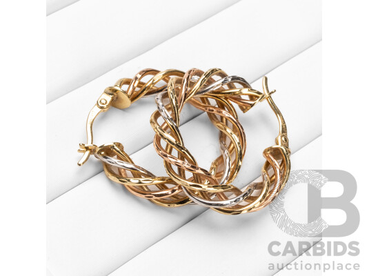 10ct Tri-Colour Gold Twisted Hoop Earrings - 3.54gms