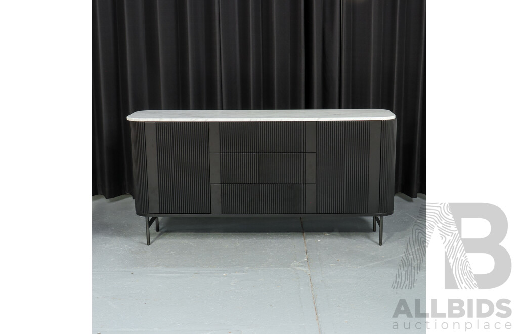 Modern Marble Top Sideboard with Rounded Corners and Fluted Front