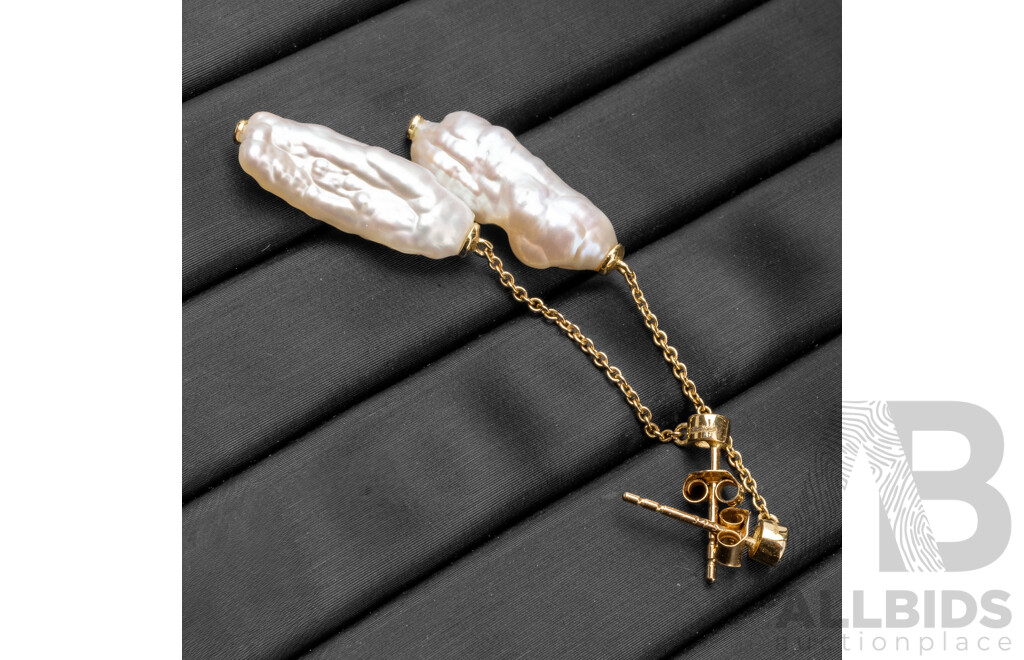 9ct Yellow Gold & Baroque Pearls Drop Earrings - 3.06gms