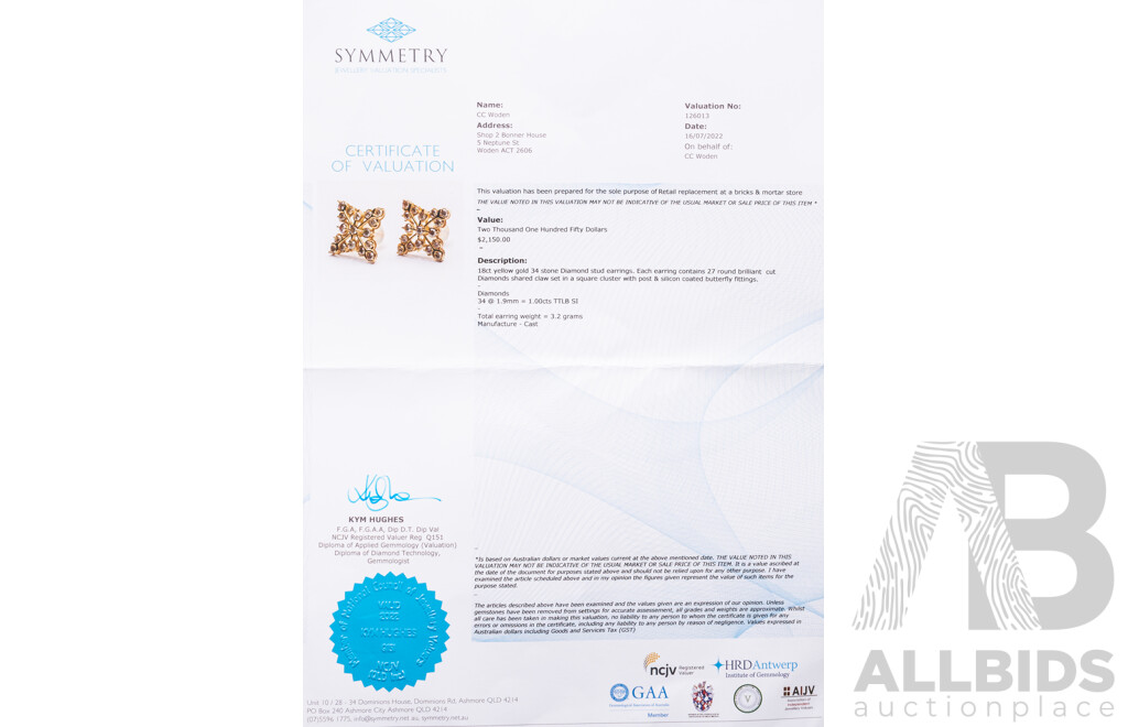 18ct Yellow Gold & Diamonds Snowflake Stud Earrings with Valuation - 3.20gms