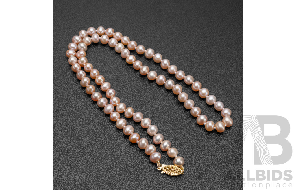 9ct Yellow Gold & Pink Freshwater Pearl Necklace. Length - 45cms