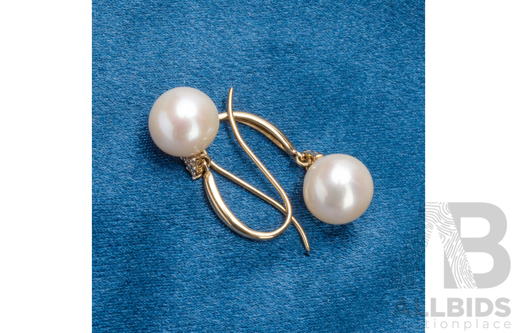 9ct Yellow Gold, Pearls & Diamonds Shepherds Hook Earrings - 4.27gms