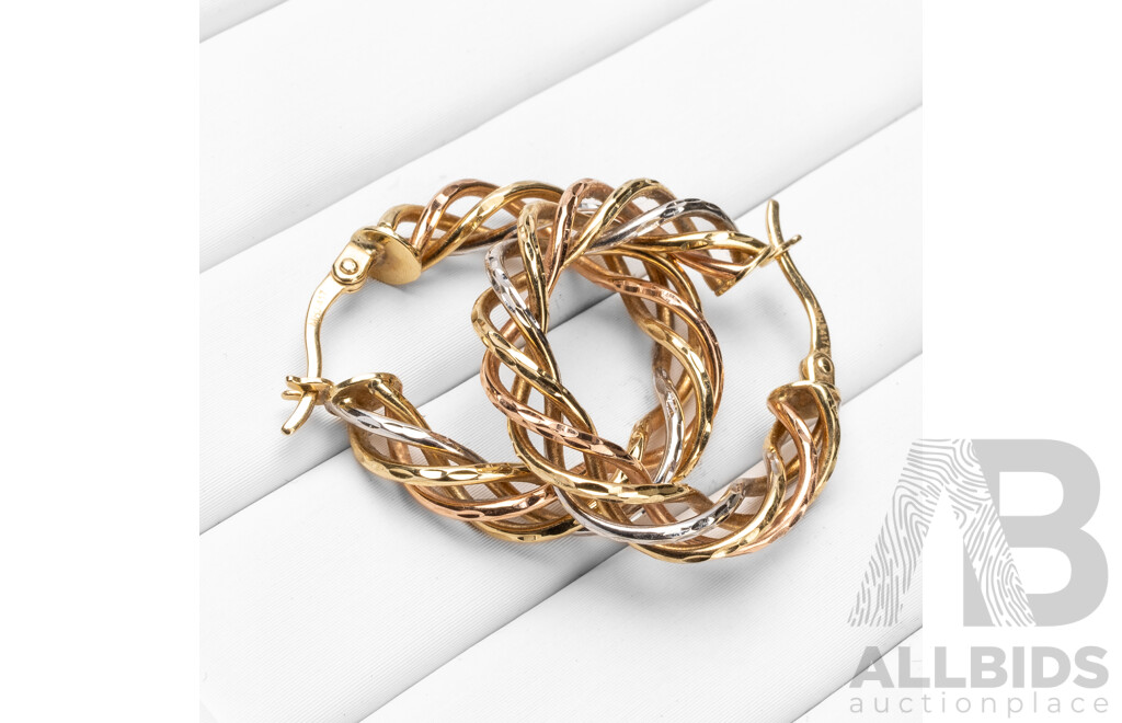 10ct Tri-Colour Gold Twisted Hoop Earrings - 3.54gms
