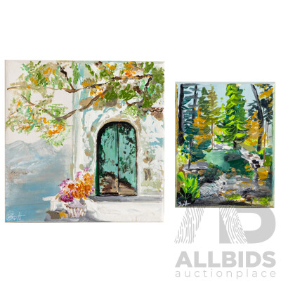 Britt [Vue Art] (20th Century, Australian), Whisperwood & Patina, Pair of Original Oils on Canvas, 20H x 20W cm (largest) (2)