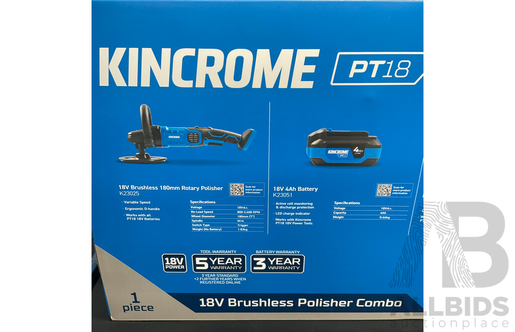 KINCROME PT18 18V Brushless 180mm Rotary Polisher Combo (K23072)