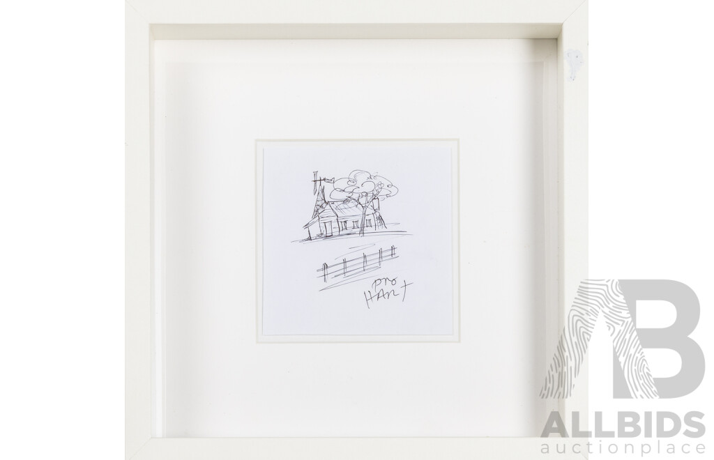 Pro Hart (20th Century, Australian, 1928-2006), House, Ink Drawing, 27H x 27W cm (frame)