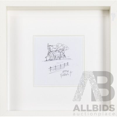 Pro Hart (20th Century, Australian, 1928-2006), House, Ink Drawing, 27H x 27W cm (frame)