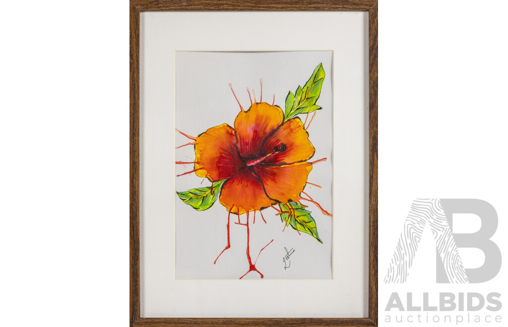 Reshma Dev (20th Century, Australian), Hibiscus, Original Mixed Media Watercolour, Pencil, Photo Ink & Pen Drawing, 42H x 32W cm (frame)