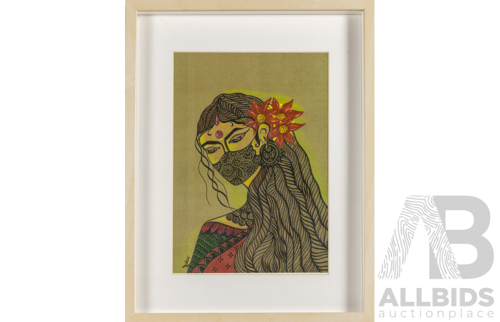 Reshma Dev (20th Century, Australian), Untitled - Behind the Patterned Veil, Original Giclee Print After Original Drawing, 42H x 32W cm (frame)