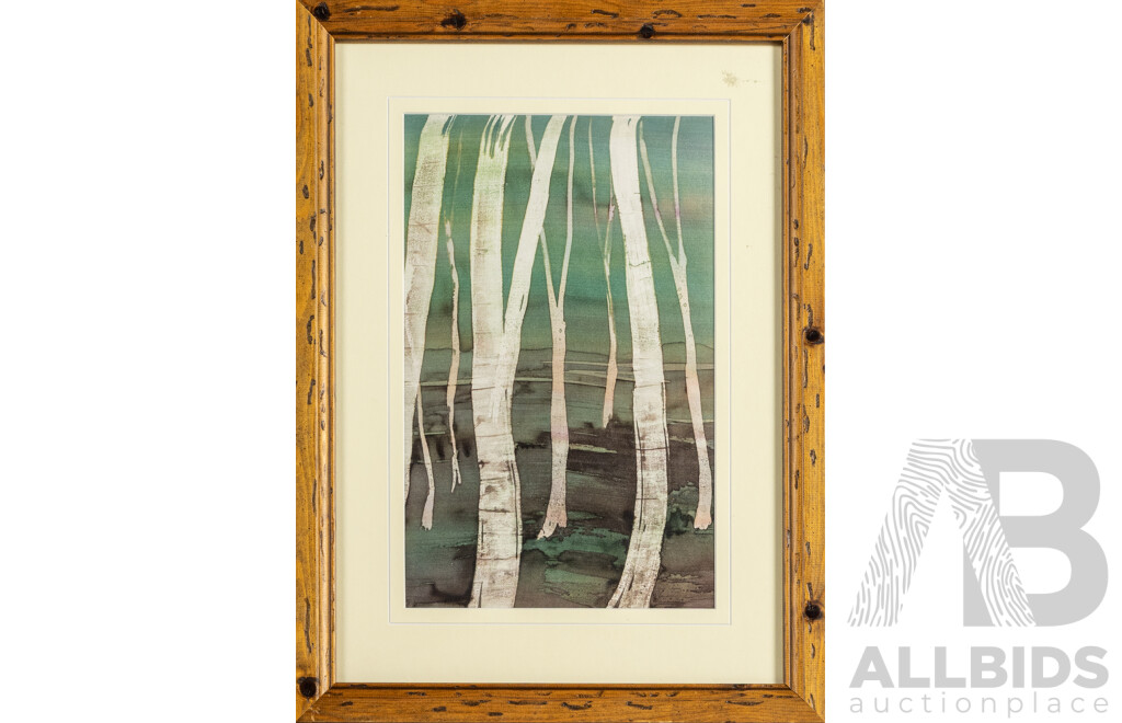 Artist Unknown (20th Century), Silent Birches, Original Vintage Batik on Silk, 47H x 34W cm (frame)