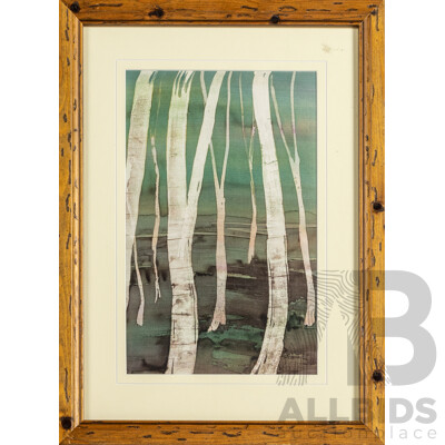 Artist Unknown (20th Century), Silent Birches, Original Vintage Batik on Silk, 47H x 34W cm (frame)