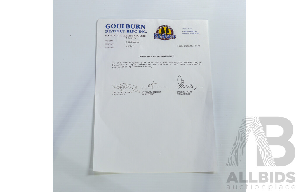Australian Olympic & Two -Time World Swimming Champion Samantha Riley Signed Arena Swimsuit - With COA