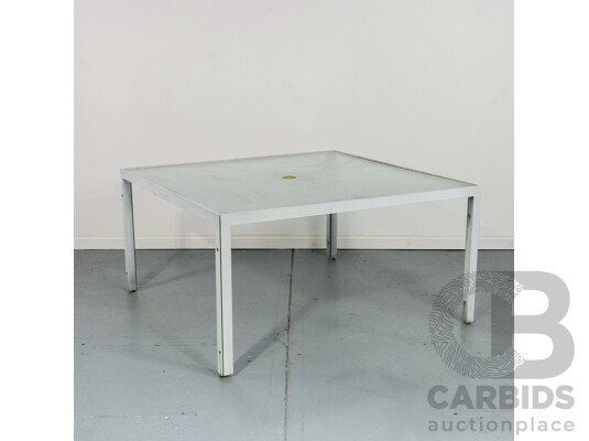 Modern Metal Outdoor Table with Glass Top and Six Chairs