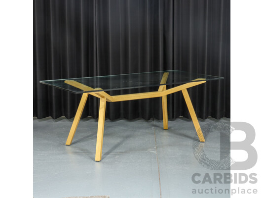 Modern Glass Top Dining Table with Six Chrome and Timber Chairs