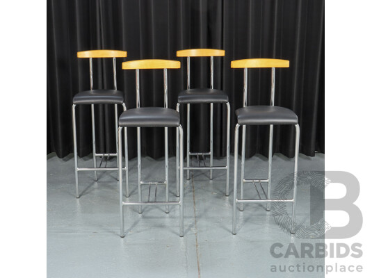 Set of Four Chrome and Timber Bar Stools
