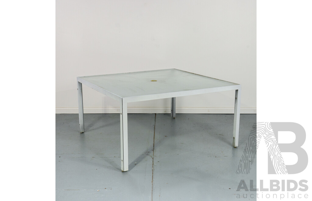 Modern Metal Outdoor Table with Glass Top and Six Chairs