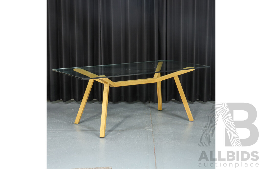 Modern Glass Top Dining Table with Six Chrome and Timber Chairs