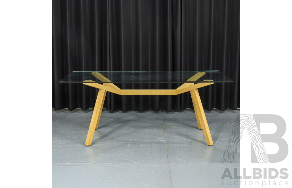 Modern Glass Top Dining Table with Six Chrome and Timber Chairs