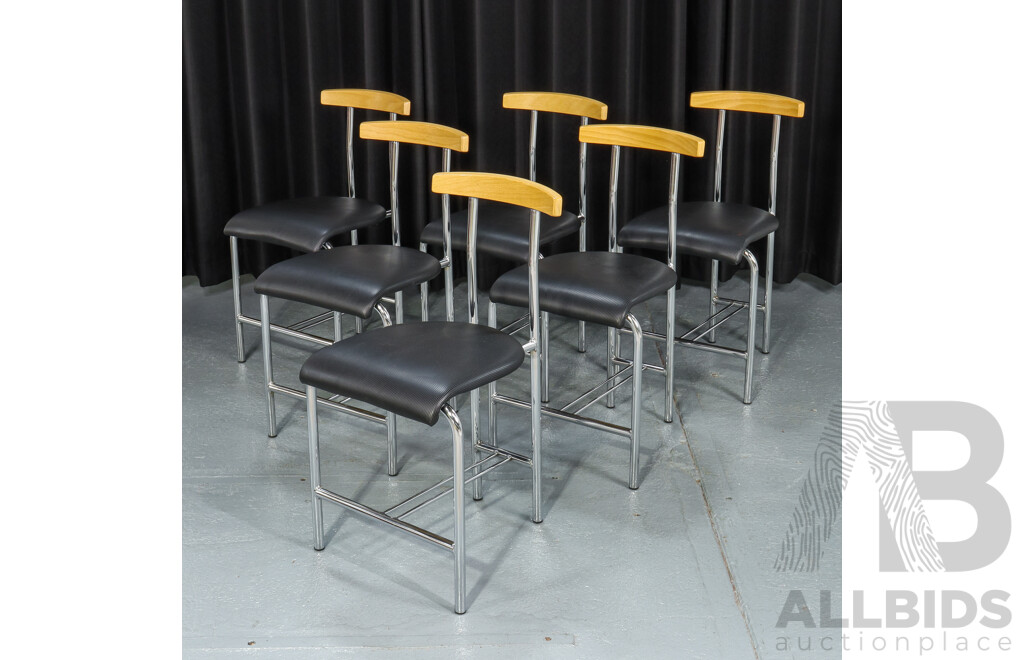 Modern Glass Top Dining Table with Six Chrome and Timber Chairs
