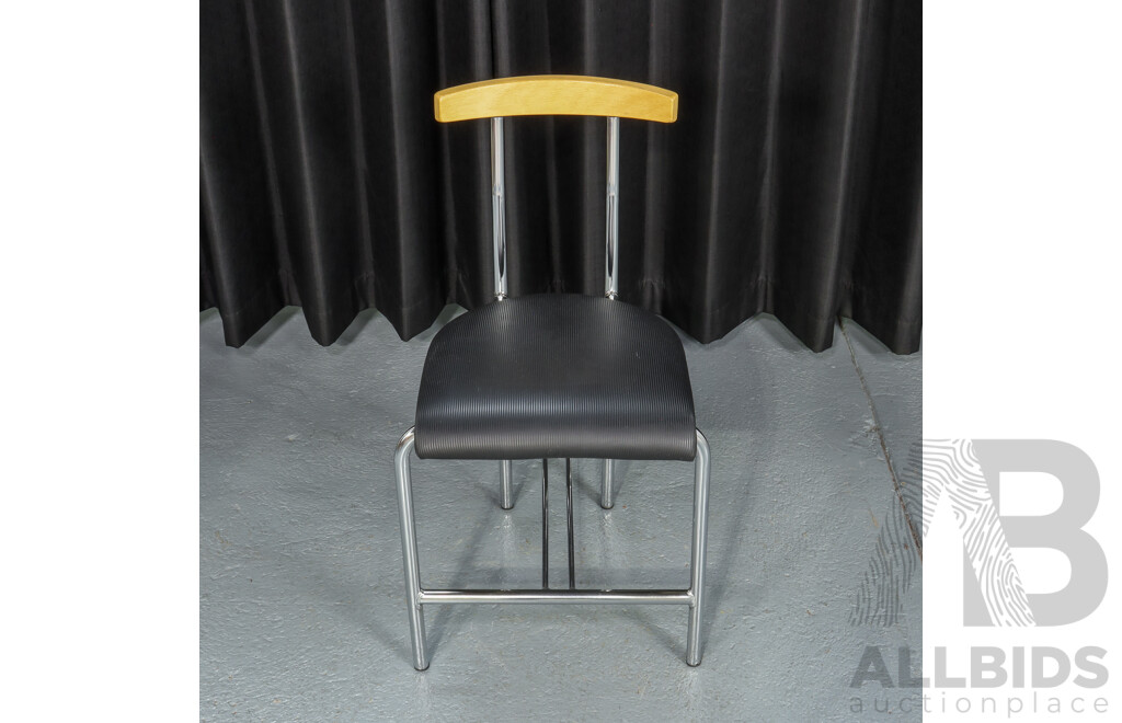 Modern Glass Top Dining Table with Six Chrome and Timber Chairs