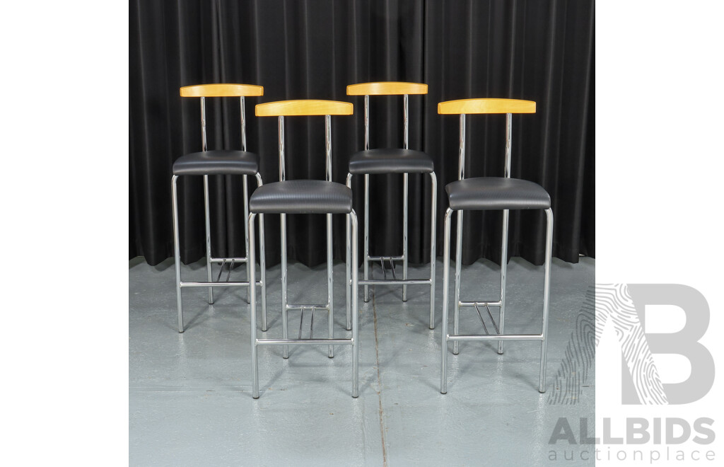 Set of Four Chrome and Timber Bar Stools