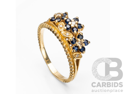 Vintage 18ct Yellow Gold Sapphire & Diamond Dress Ring - Size U.5