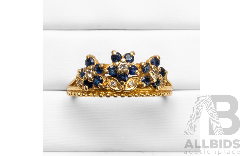 Vintage 18ct Yellow Gold Sapphire & Diamond Dress Ring - Size U.5