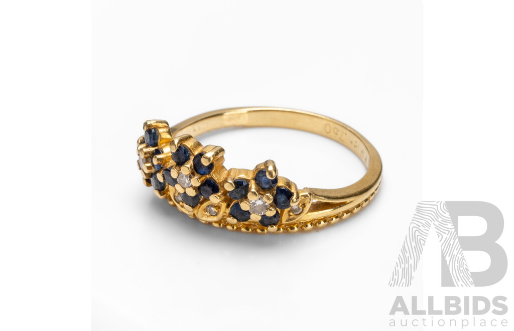 Vintage 18ct Yellow Gold Sapphire & Diamond Dress Ring - Size U.5