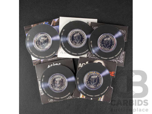 Five Australian RAM 2022/23 AC/DC Commemorative Twenty Cent Coins, Let There Be Rock, Flick the Switch, Blow Up Your Video, Powerage, Black Ice