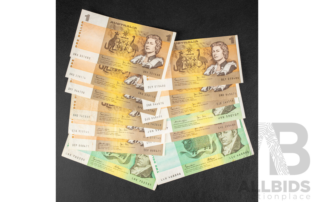 Thirteen Australian Banknotes Including Two Dollar Notes, Two 1985 Johnston/Fraser, One 1979 Knight/Stone, One Dollars Including Seven 1982 Johnston/Stone, Three 1979 Knight/Stone