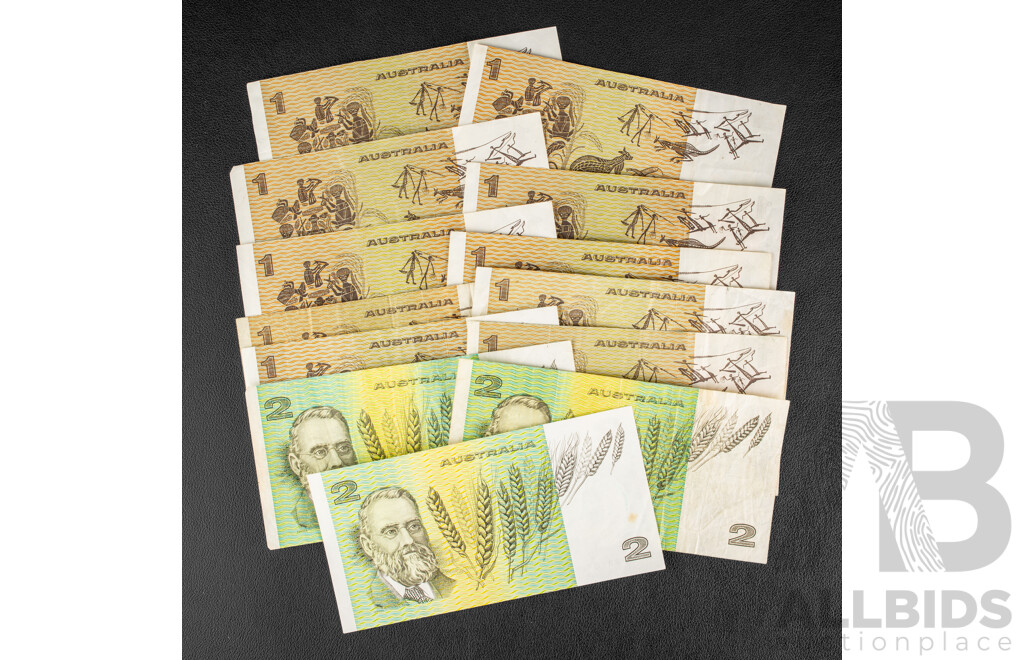 Thirteen Australian Banknotes Including Two Dollar Notes, Two 1985 Johnston/Fraser, One 1979 Knight/Stone, One Dollars Including Seven 1982 Johnston/Stone, Three 1979 Knight/Stone
