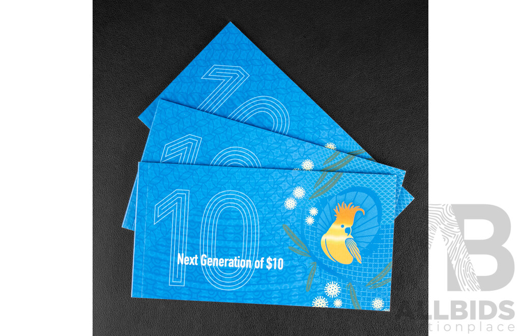 Three Australian 2017 Ten Dollar Next Generation Bank Notes, Lowe/Fraser