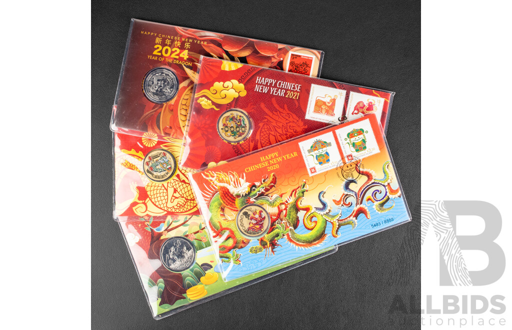 Five Australian/Chinese Lunar Year PNCs Including 2020 Year of the Rat, 2021 Year of the Ox, 2022 Year of the Tiger, 2023 Year of the Rabbit, 2024 Year of the Dragon