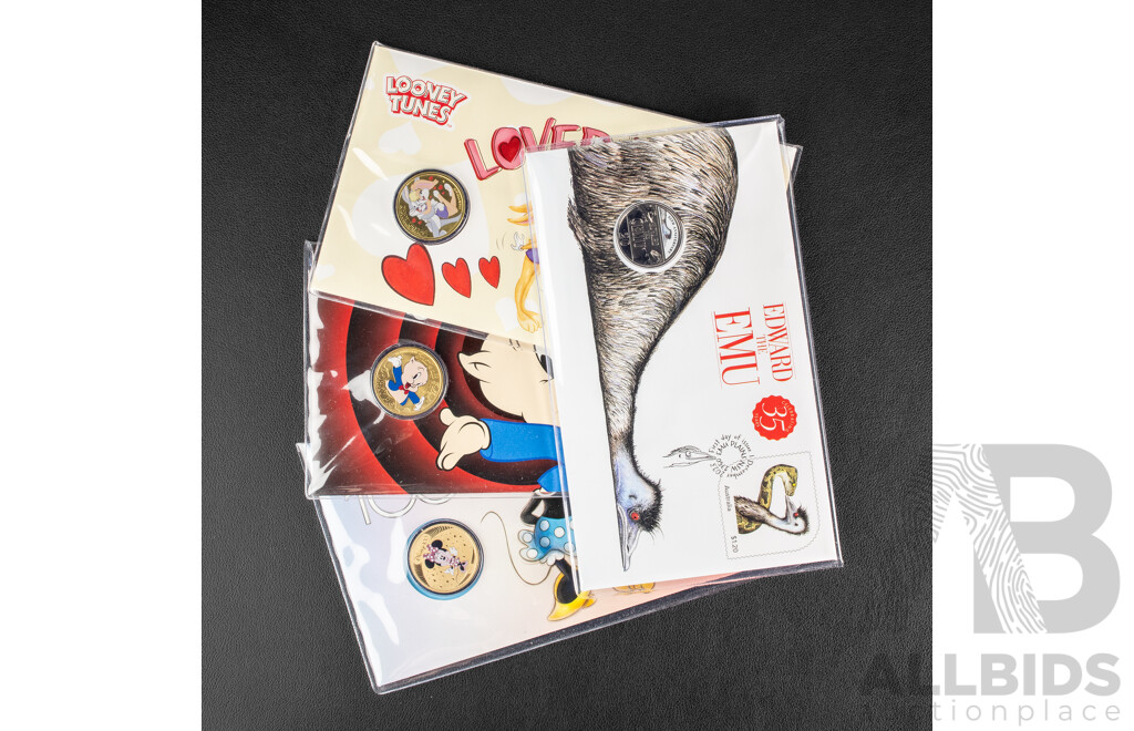 Four Australian PNCs Including ''That's All Folks'' Porky Pig, Disney 100 Years - Minnie Mouse, Looney Tunes Loved Up, Edward the Emu
