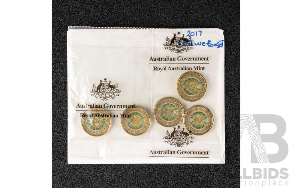 Five Australian RAM 2017 UNC Two Dollar Coins - Lest We Forget