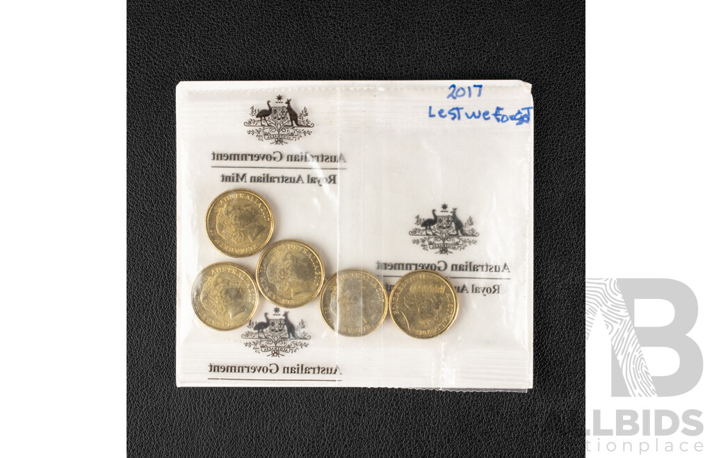 Five Australian RAM 2017 UNC Two Dollar Coins - Lest We Forget