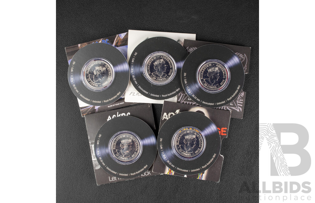 Five Australian RAM 2022/23 AC/DC Commemorative Twenty Cent Coins, Let There Be Rock, Flick the Switch, Blow Up Your Video, Powerage, Black Ice